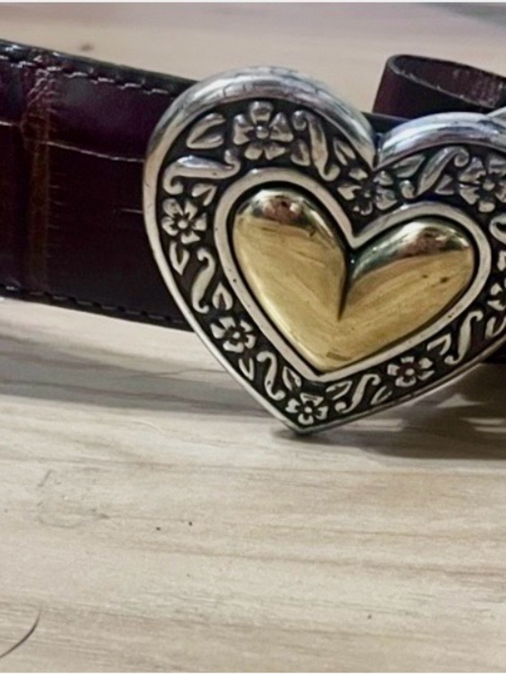 Brighton Brown Leather Belt with Silver -Tone Heart Buckle and Gold Accent